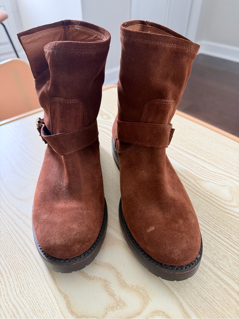 Frye Suede Mid-Calf Ankle Boots in Chestnut Brown